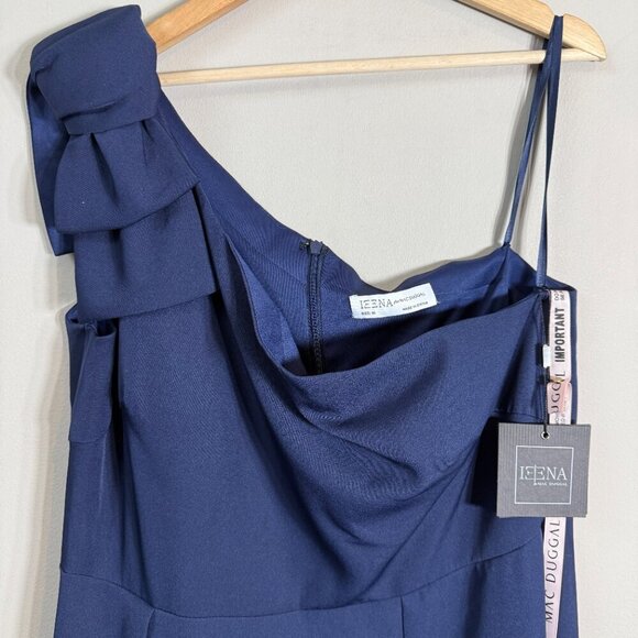 Ieena for Mac Duggal Bow One Shoulder A-Line Gown Womens 16 Navy Formal Slit NWT - Picture 8 of 16